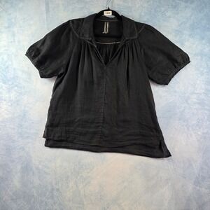 Anthropologie Black Linen Whipstitch Peasant Blouse Split Neck Puff Sleeve S